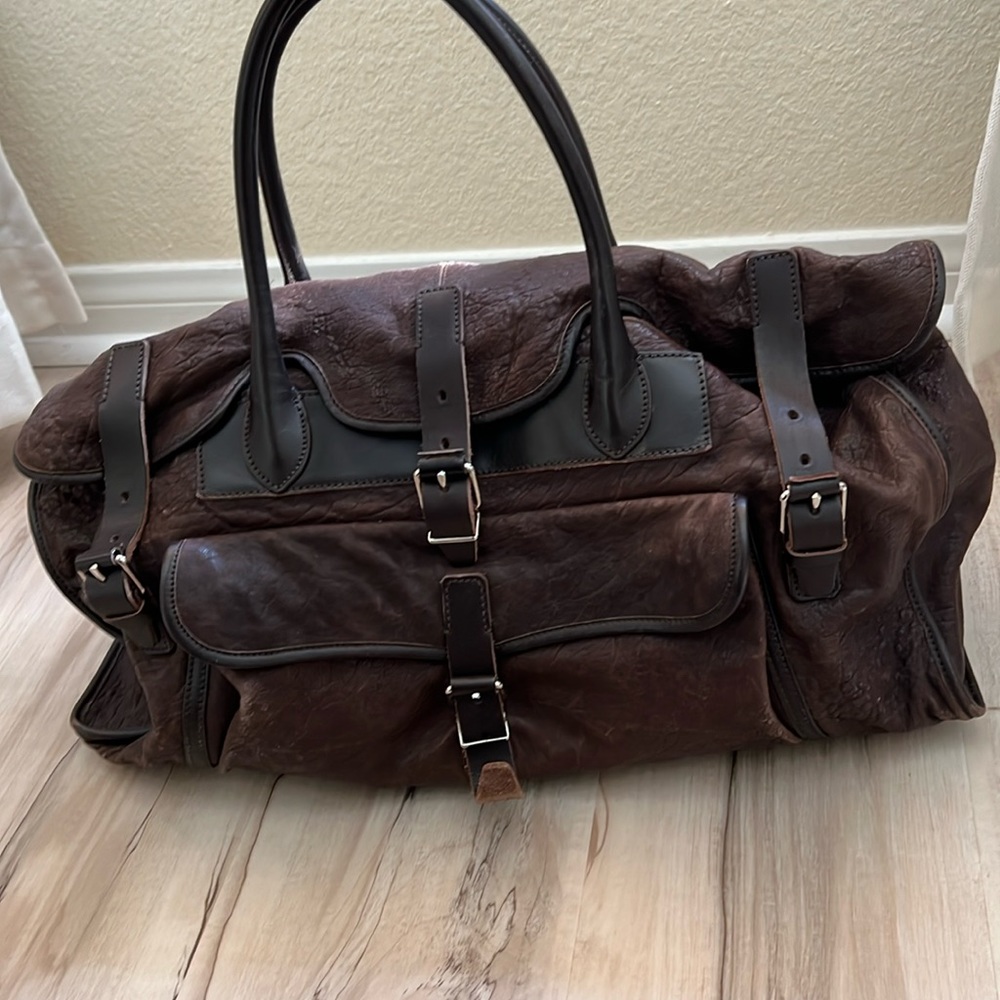 Authentic Balenciaga Paris brown leather belt buckle weekender bag